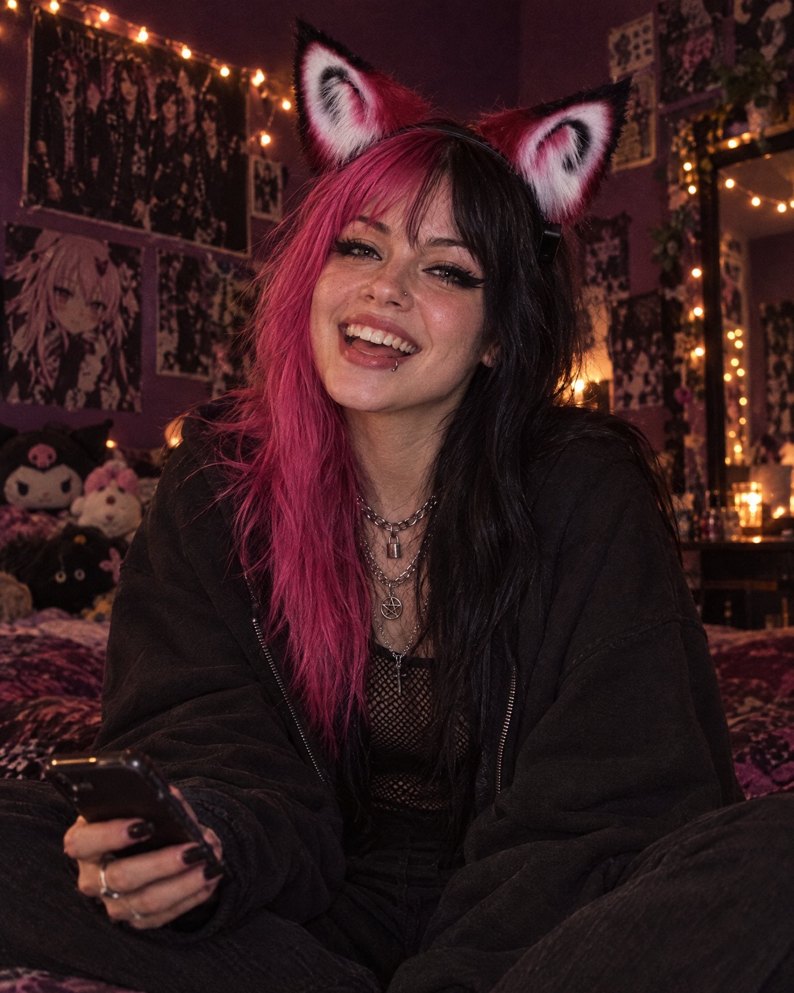 A young woman with pink and black split-dyed hair laughing on her bed under fairy lights, wearing moving crimson fox ears on a black headband